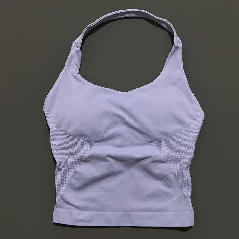 HISTELLO Top Halter de Impacto para Mujer – Gimnasio, Yoga, Sin Costuras, Sujetador Incorporado y Copas Extraíbles