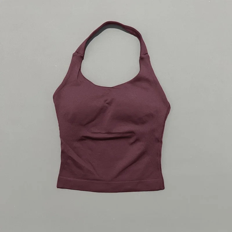 HISTELLO Top Halter de Impacto para Mujer – Gimnasio, Yoga, Sin Costuras, Sujetador Incorporado y Copas Extraíbles