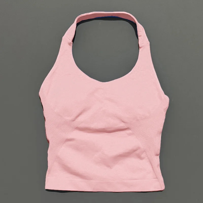 HISTELLO Top Halter de Impacto para Mujer – Gimnasio, Yoga, Sin Costuras, Sujetador Incorporado y Copas Extraíbles