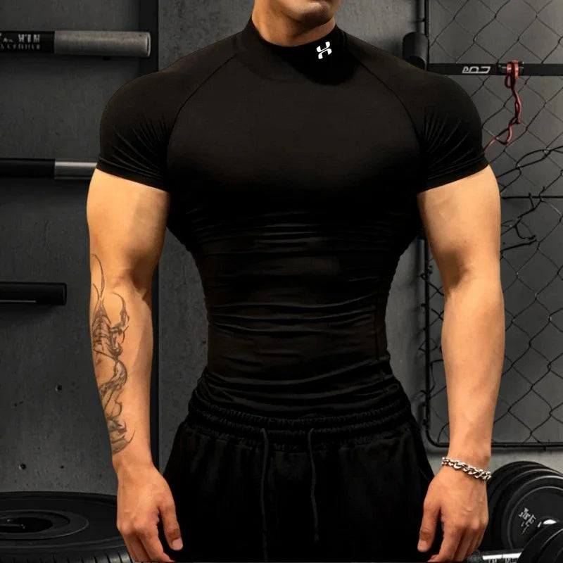 Camiseta de Compresión para Hombre con Cuello Alto – Secado Rápido y Transpirable para Gym