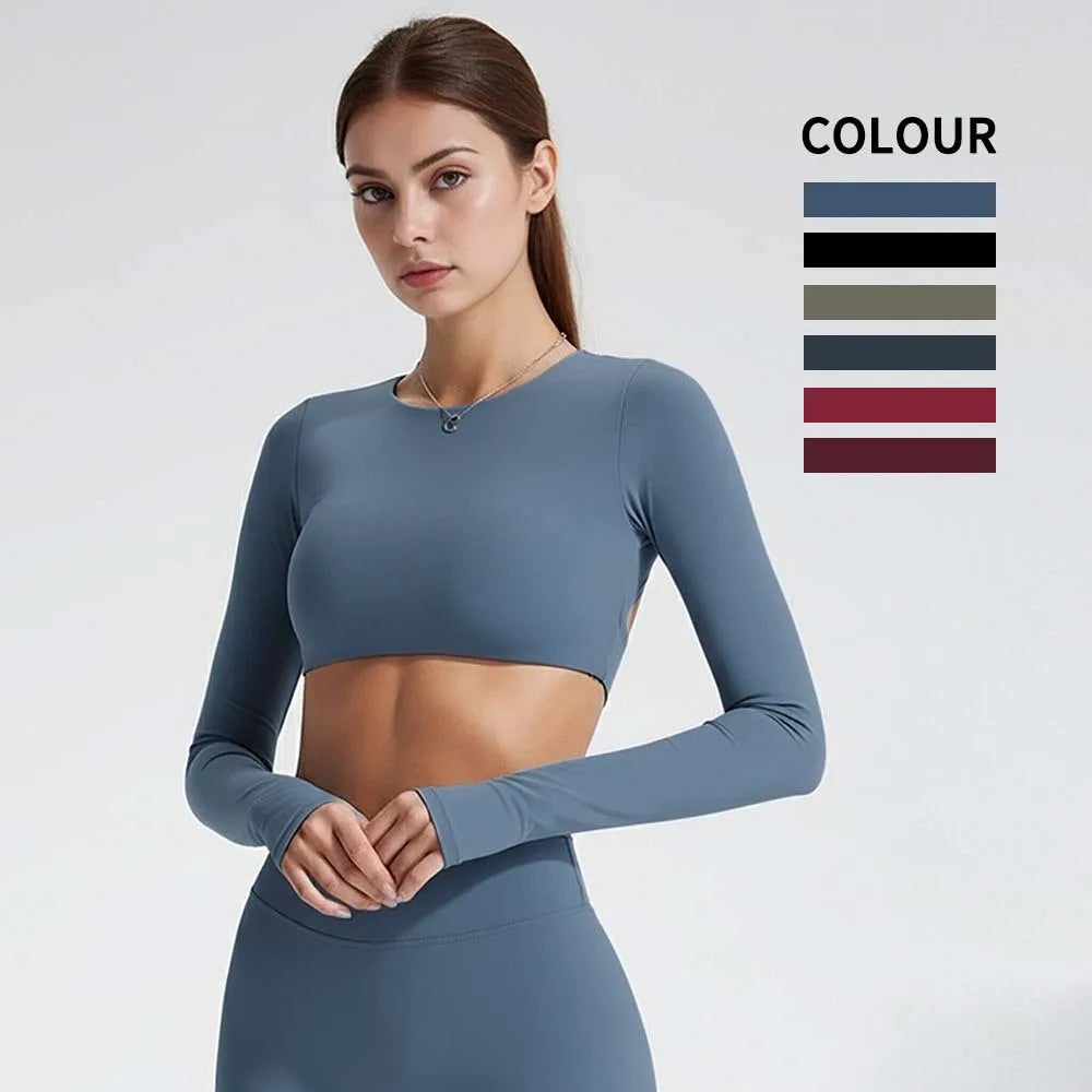 Top Deportivo Manga Larga para Mujer con Espalda Abierta | Camiseta de Yoga, Fitness y Running – Transpirable y Elástica