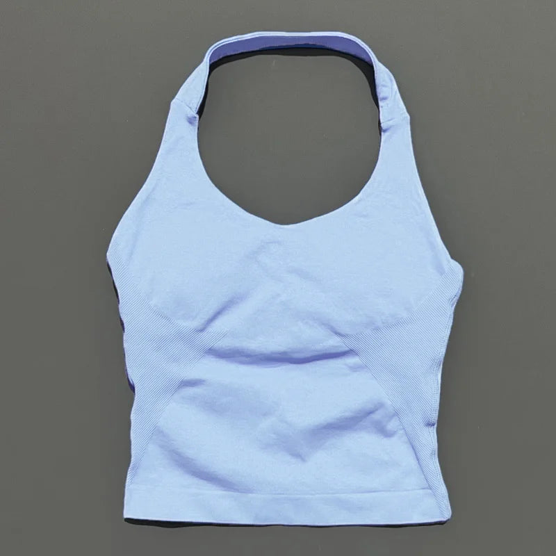 HISTELLO Top Halter de Impacto para Mujer – Gimnasio, Yoga, Sin Costuras, Sujetador Incorporado y Copas Extraíbles