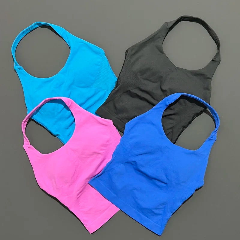 HISTELLO Top Halter de Impacto para Mujer – Gimnasio, Yoga, Sin Costuras, Sujetador Incorporado y Copas Extraíbles