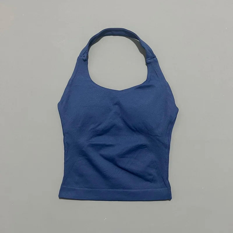 HISTELLO Top Halter de Impacto para Mujer – Gimnasio, Yoga, Sin Costuras, Sujetador Incorporado y Copas Extraíbles