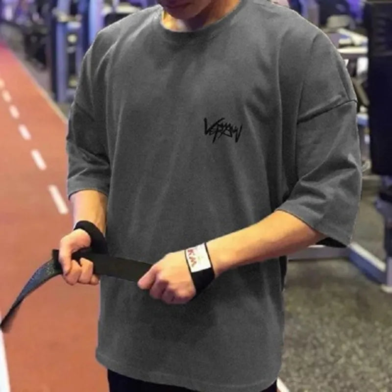 Camiseta Oversize de Algodón para Hombre – Cuello Redondo, Manga Corta y Media Manga, Verano, Entrenamiento y Streetwear