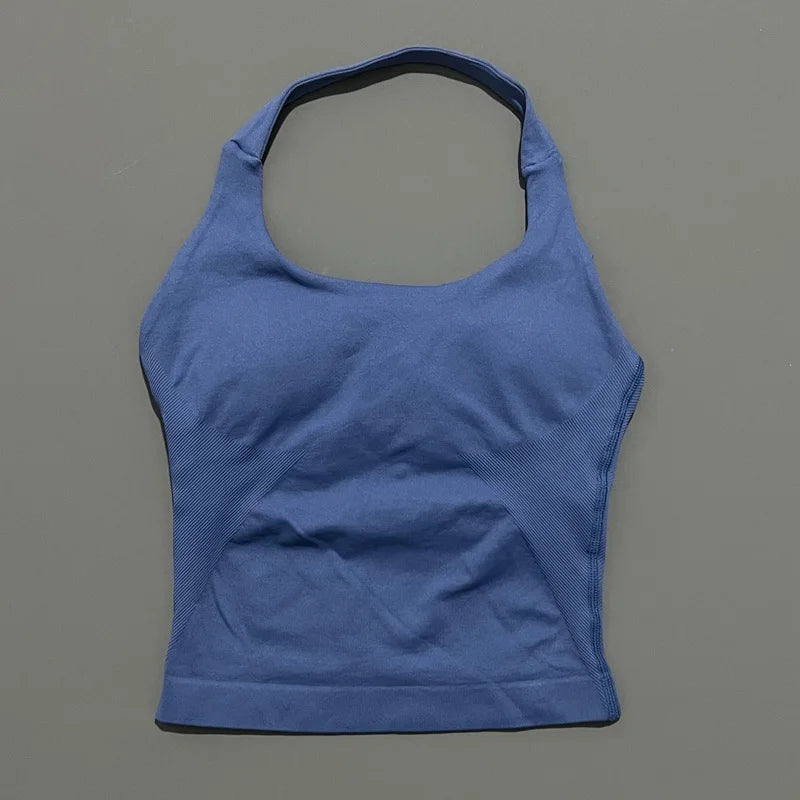 HISTELLO Top Halter de Impacto para Mujer – Gimnasio, Yoga, Sin Costuras, Sujetador Incorporado y Copas Extraíbles