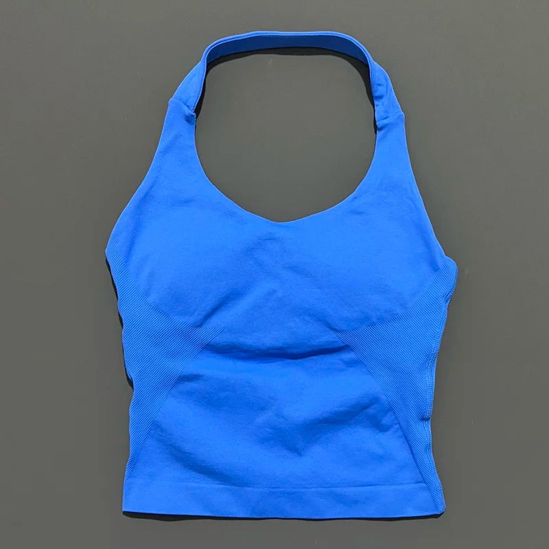HISTELLO Top Halter de Impacto para Mujer – Gimnasio, Yoga, Sin Costuras, Sujetador Incorporado y Copas Extraíbles