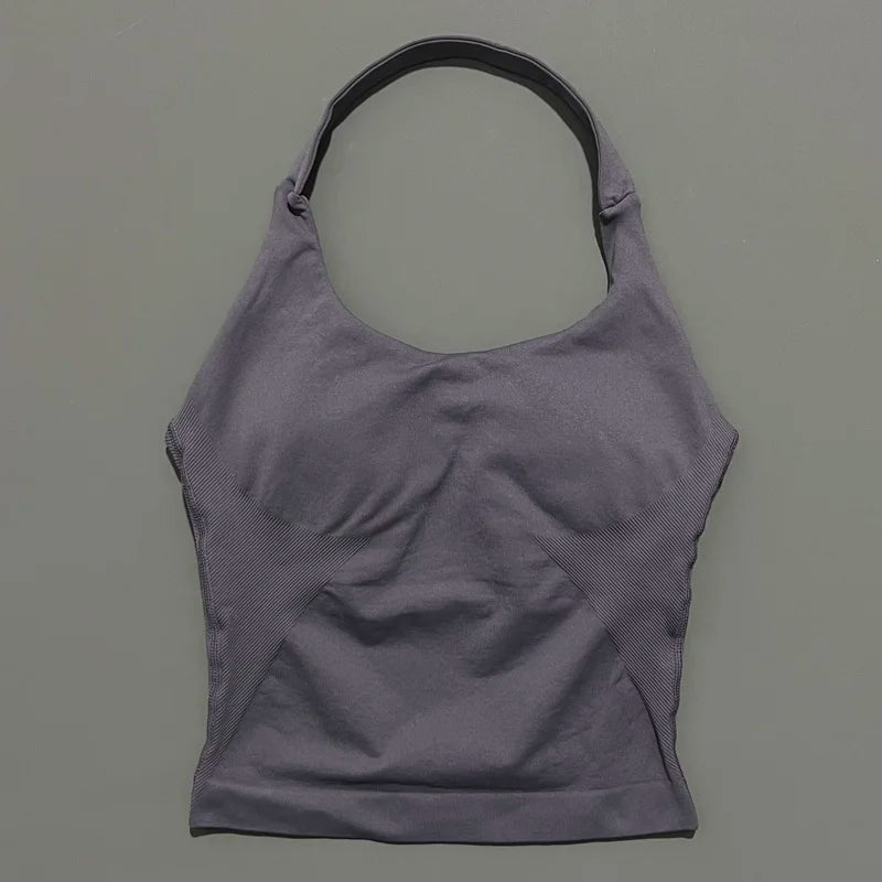 HISTELLO Top Halter de Impacto para Mujer – Gimnasio, Yoga, Sin Costuras, Sujetador Incorporado y Copas Extraíbles
