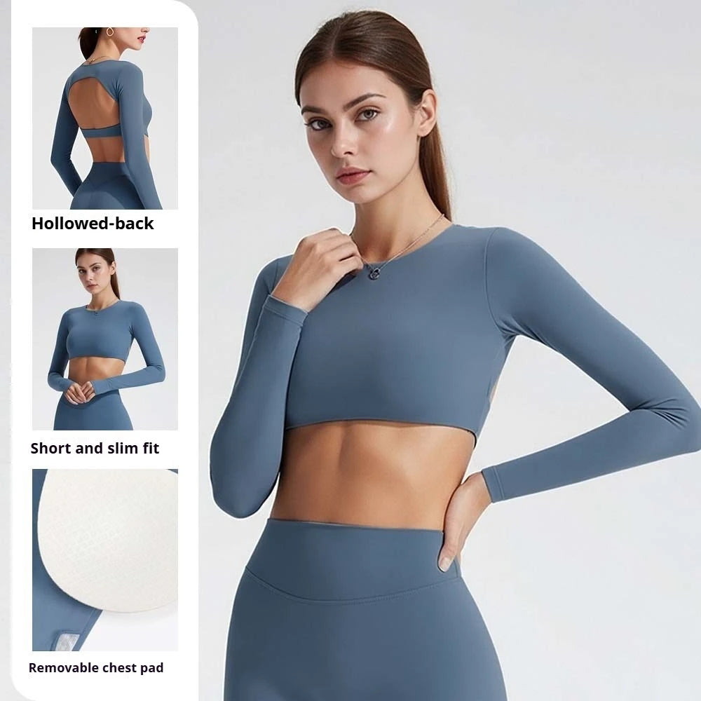 Top Deportivo Manga Larga para Mujer con Espalda Abierta | Camiseta de Yoga, Fitness y Running – Transpirable y Elástica