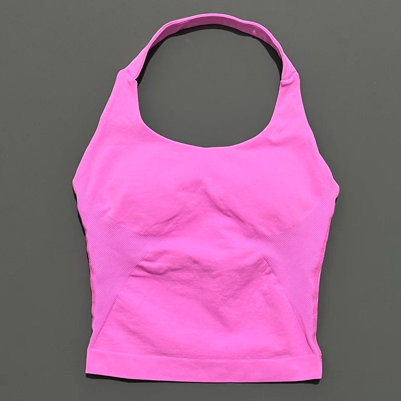 HISTELLO Top Halter de Impacto para Mujer – Gimnasio, Yoga, Sin Costuras, Sujetador Incorporado y Copas Extraíbles