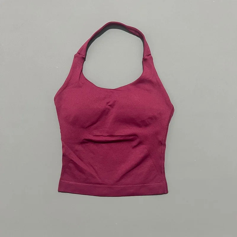 HISTELLO Top Halter de Impacto para Mujer – Gimnasio, Yoga, Sin Costuras, Sujetador Incorporado y Copas Extraíbles
