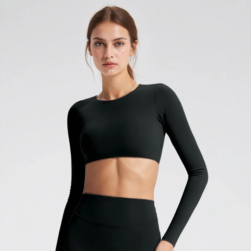 Top Deportivo Manga Larga para Mujer con Espalda Abierta | Camiseta de Yoga, Fitness y Running – Transpirable y Elástica