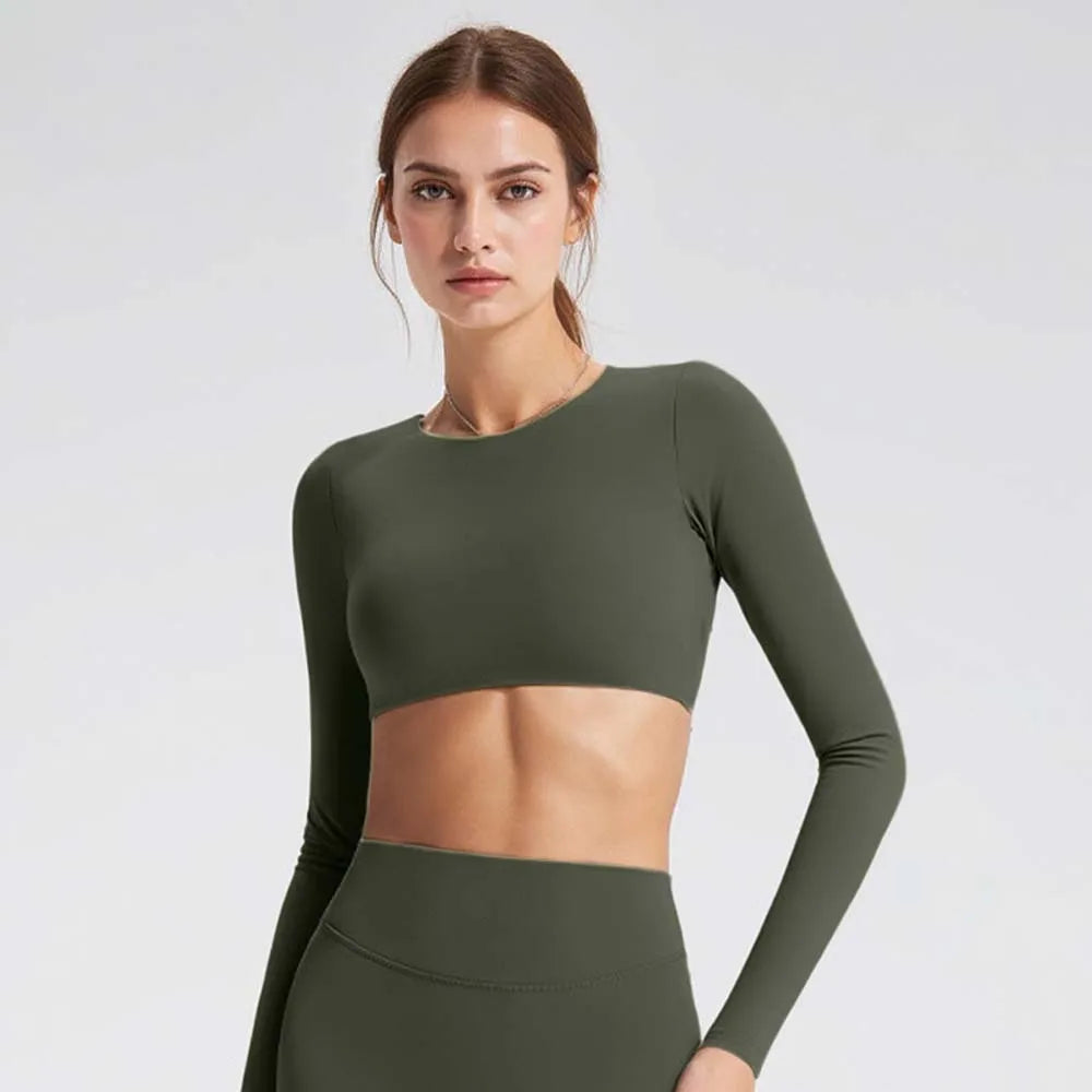 Top Deportivo Manga Larga para Mujer con Espalda Abierta | Camiseta de Yoga, Fitness y Running – Transpirable y Elástica