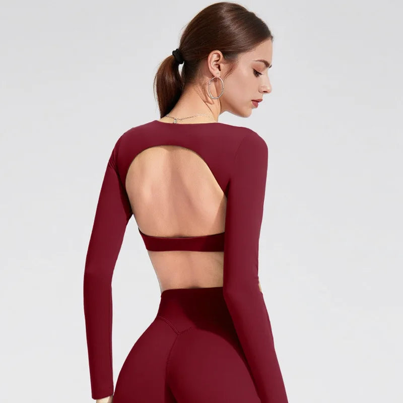 Top Deportivo Manga Larga para Mujer con Espalda Abierta | Camiseta de Yoga, Fitness y Running – Transpirable y Elástica