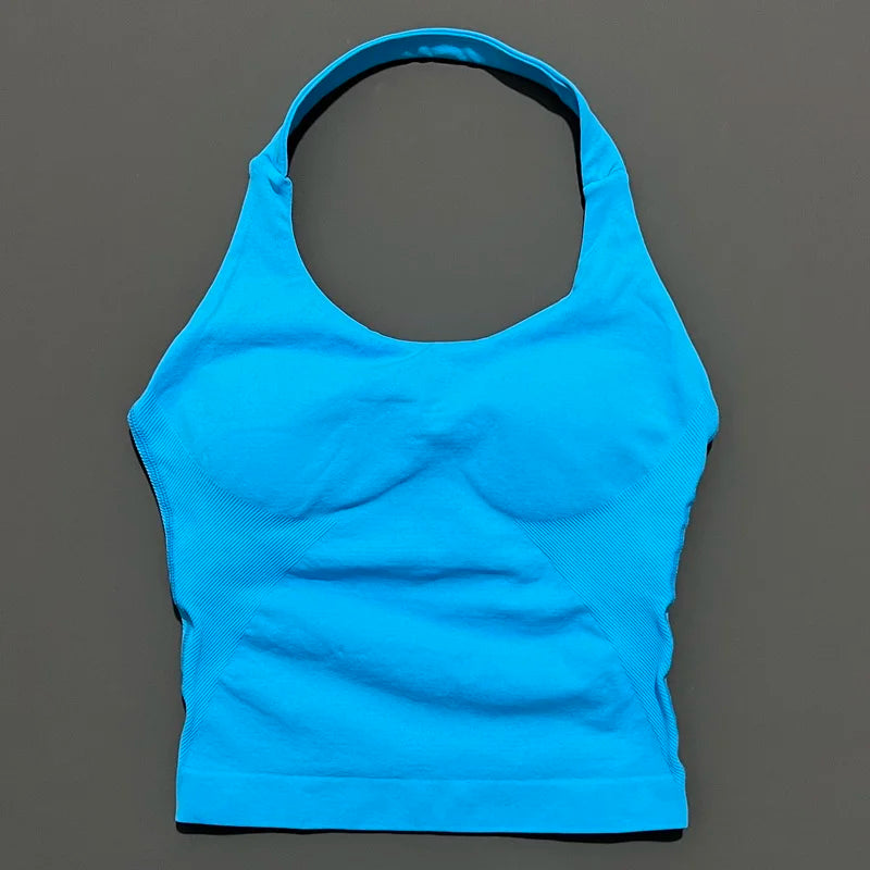 HISTELLO Top Halter de Impacto para Mujer – Gimnasio, Yoga, Sin Costuras, Sujetador Incorporado y Copas Extraíbles